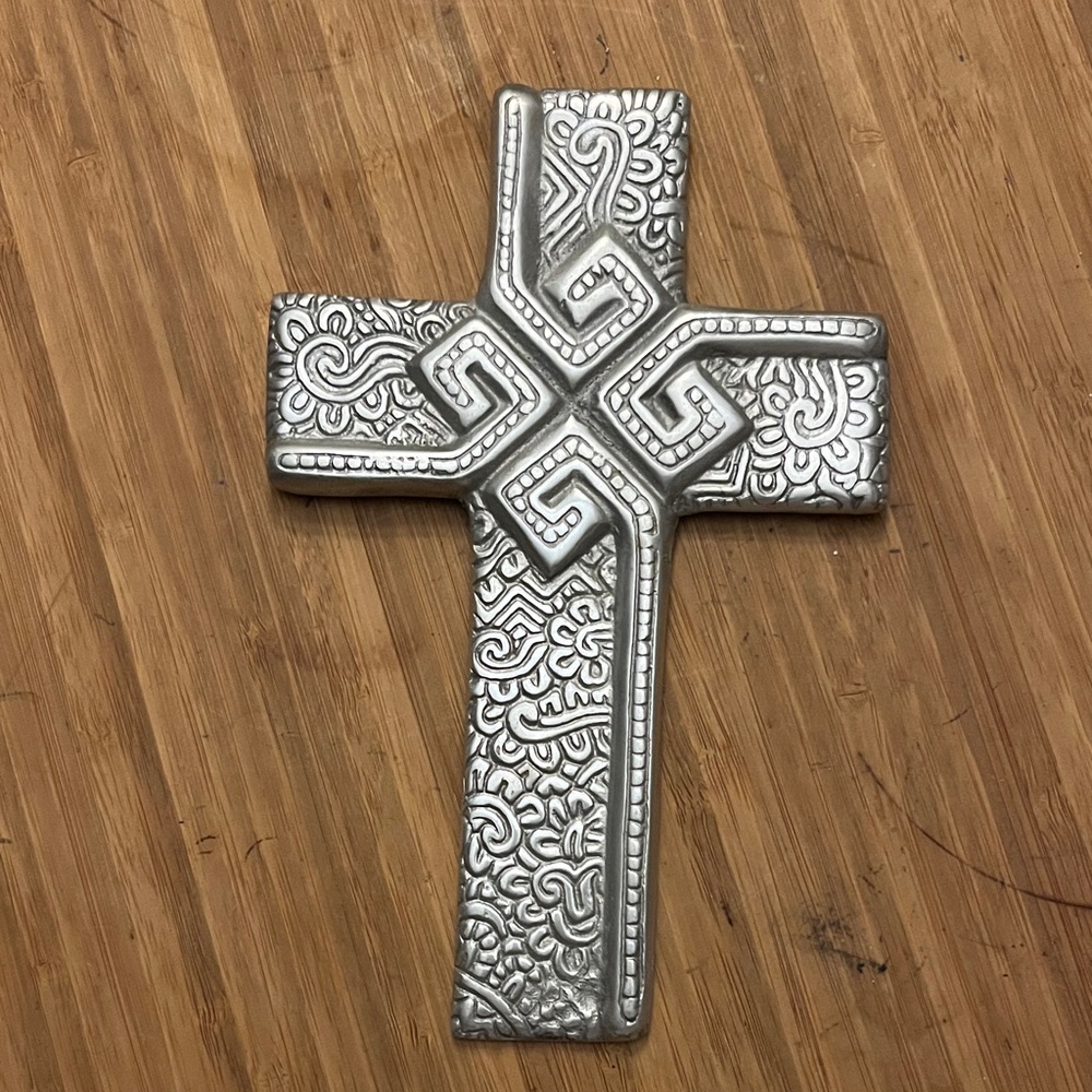 Intricate Pewter Wall Cross Mexican Decor Wall Hanging, Gift for God Parents